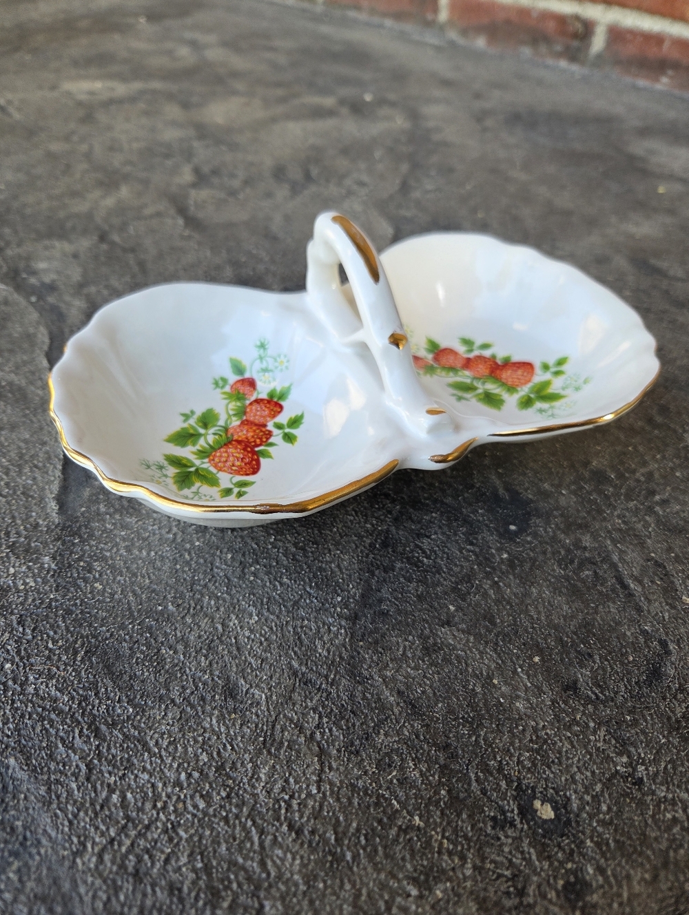 Vintage Double Serving Dish with Red Strawberry Motif and Gold Gilt Trim